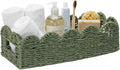 Scalloped Green Toilet Tank Basket for Back of Toilet, Wicker Bathroom Tray for Toilet Paper Storage, Bathroom Organizer for Tank Top, Countertop & Small Spaces