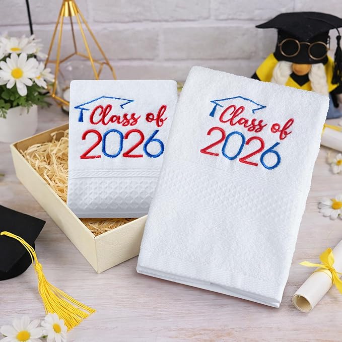 MASHAN Class of 2026 Graduation Hand Towels 3 Pack,100% Cotton Soft Absorbent Bathroom Towels,Senior 2026 Graduation Gift for Girls Boys,Blue Red Decorative Towels 14x30 Inch