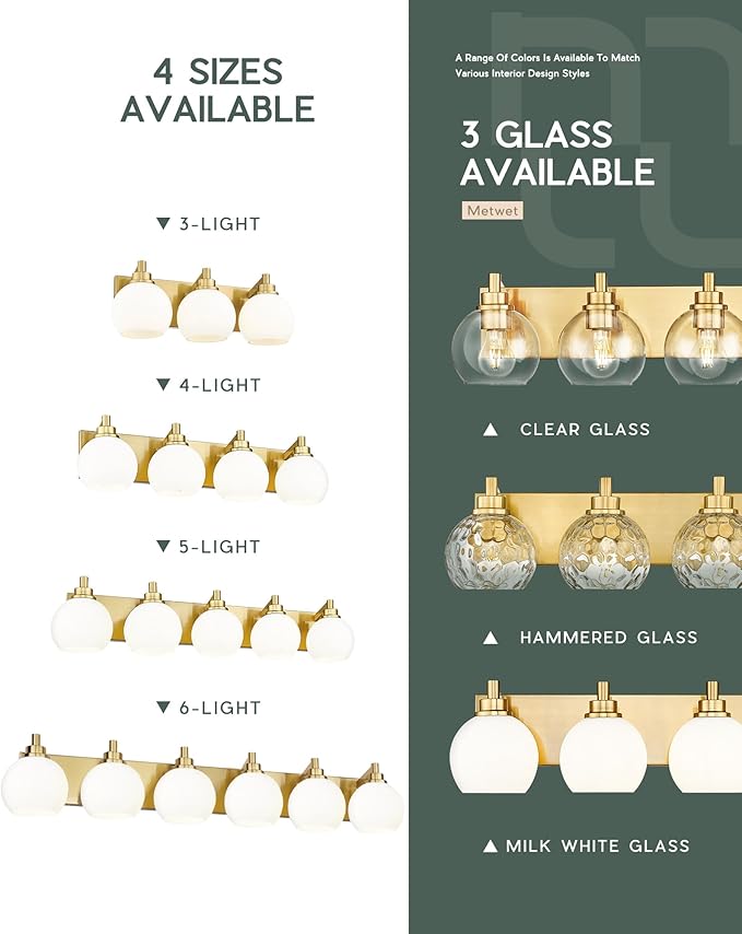 Bathroom Light Fixtures, 4 Light Brushed Gold Vanity Light, 26 Inch Modern Wall Sconces with Globe Milk White Glass Shade, Vanity Lighting Fixtures Over Mirror, VL195-BG-ML-4