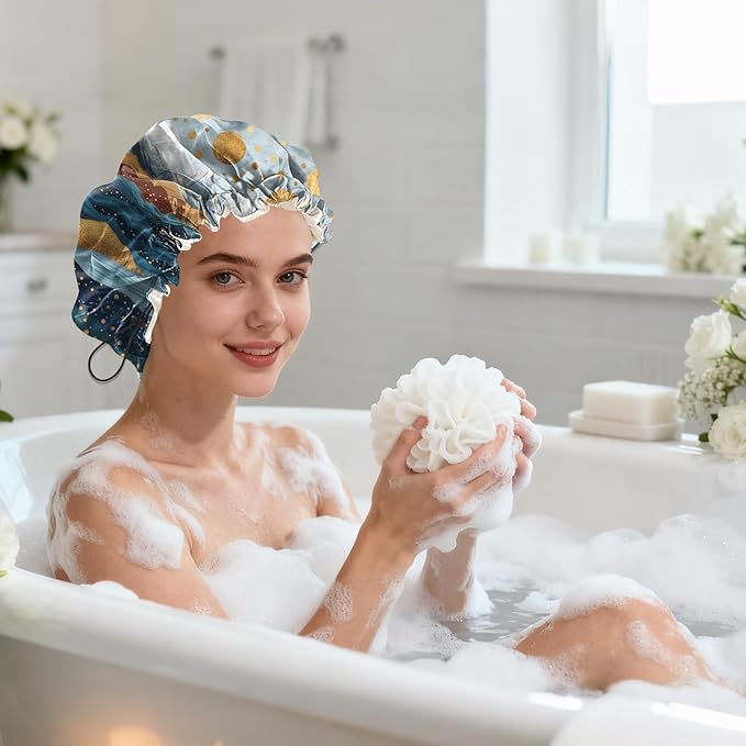 Shower Cap Reusable Double Layer Adjustable Elastic Waterproof EVA Hair Bath Caps for Women Girls Cute Aesthetic-Mountain