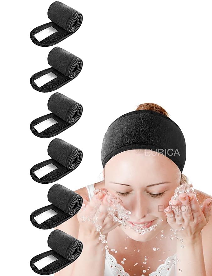 EUICAE Hair Wrap Headband, 6 Pack Non-slip Stretchable Washable Makeup Headband for Face Wash Facial Treatment Sport Fits All, White (Black)