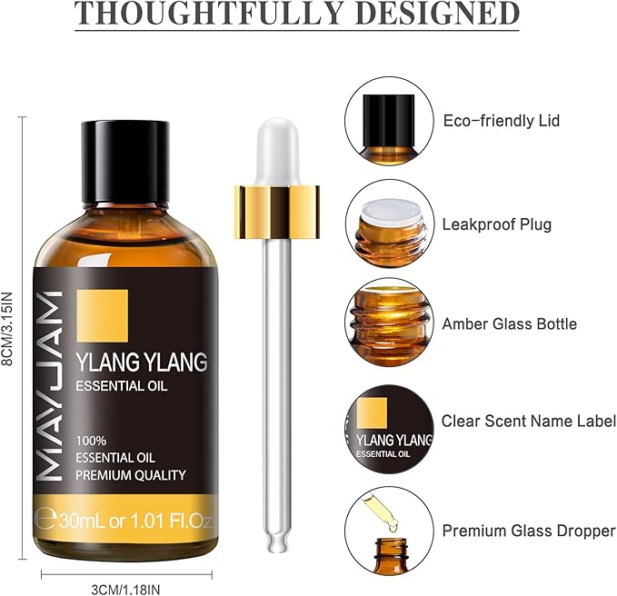 MAYJAM Ylang Ylang Essential Oil with Glass Dropper, MAYJAM 1.01fl.oz Ylang Ylang Oil Essential Oils for Diffusers, Humidifier, Yoga, Soap Candle Making