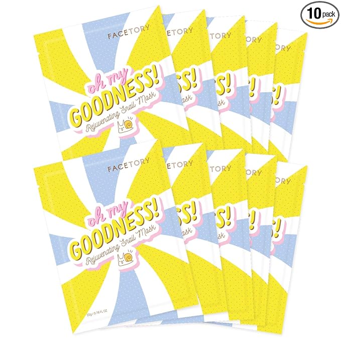 FACETORY K Beauty Face Mask Skin Care - OH MY GOODNESS REJUVENATING SNAIL Sheet Mask with Snail Essence & Hyaluronic Acid | Hydrate, Soothe, Seal in Moisture (10 Pack)
