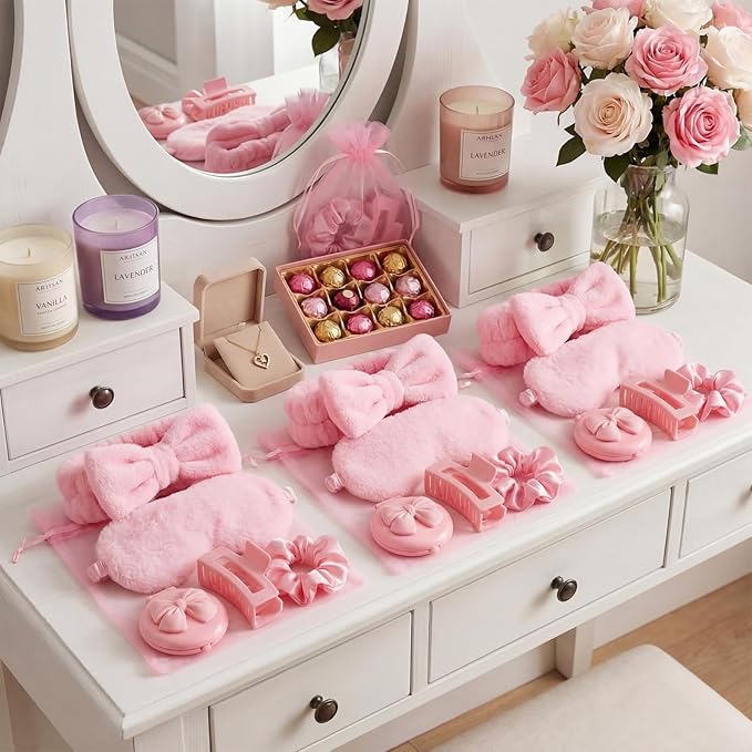96 Pcs Spa Party Supplies Sleepover Essentials Gift for Mother's Day Spa Headband Plush Eye Mask Claw Clips Organza Bag for Women Adult Slumber Party Supplies (Pink)