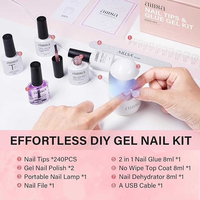 AILLSA Nail Tips and Glue Gel Kit Short Coffin Nail Tips 240pcs with 2 In 1 Nail Glue Base Coat and Nail Dehydrator, Gel Extension Nail Kit with U V Light Top Coat for DIY Home Salon