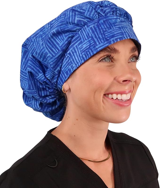 Sparkling EARTH Banded Bouffant Surgical Scrub Ponytail Working Caps and Built-in Sweatband - 100% Cotton - Made in The USA