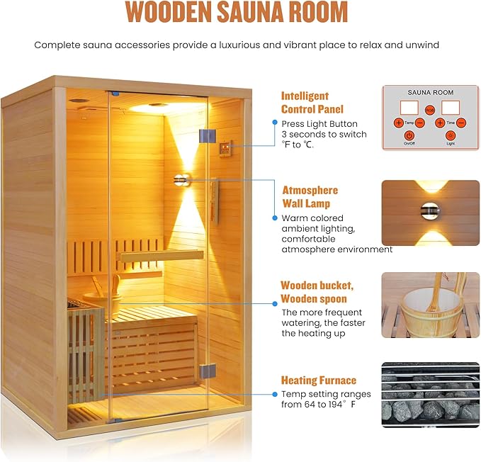OUTEXER Traditional Steam Sauna Home Spa Room for 2-3 Person Steam Wet Indoor Saunas with 240V 3KW Heater,Sauna Stone, Water Bucket, Ladle, LED Lights