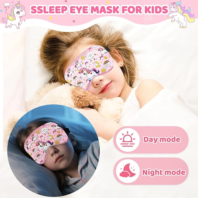2 Pcs Sleep Mask for Kids Girls, Silk Eye Covers for Sleeping, Adjustable Strap & Light Blocking Design, Children's Bedtime Blindfold for Travel and Home Use (Rainbow Unicorn)