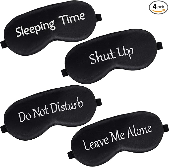 Geyoga 4 Pieces Funny Eye Mask for Sleep Soft Satin Eye Mask Blackout Blindfold with Adjustable Strap Silk Cover Out Lights for Women Men Travel, Nap, Meditation (Black with Black Words)