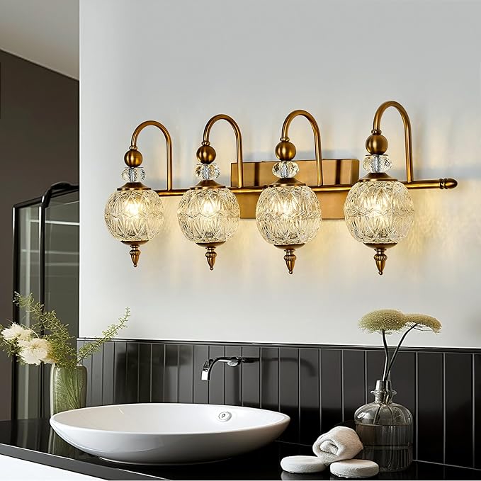 Piepooye Vintage Bathroom Light Fixtures Gold Vanity Light with Glass Globe LampShade 4 Lights Brushed Brass G9 Bulb Wall Sconce Antique Indoor Vanity Light Over Mirror for Kitchen Bedroom Living Room