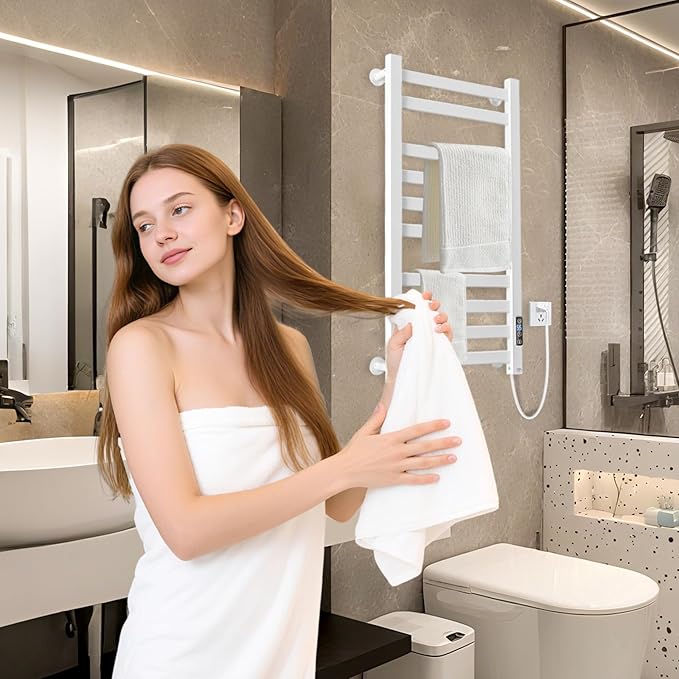 Heated Towel Rack for Bathroom Towel Warmer Racks Wall Mounted with Timer & Temperature Multi-Level Adjustments with 10 Bars for Bathroom Shower Hot Tub Spa(White)