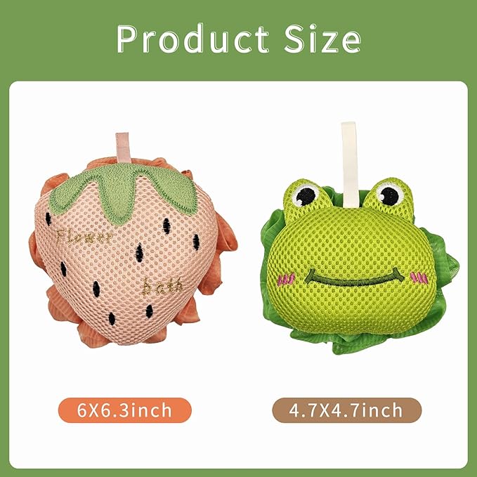 Kids Bath Sponge,Cute Kids Loofah Frog&Strawberry Shower Pouf,Soft Mesh Bath Loofah Fun Bath Accessories for Boys and Girls