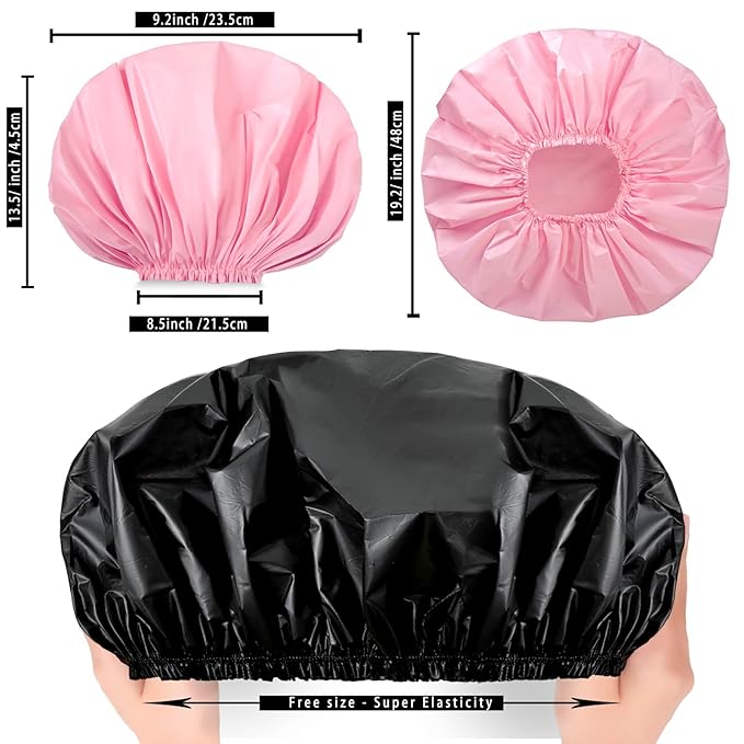 Extra Large Shower Cap 2 PCS Waterproof Shower Caps for Women, Super Jumbo Shower Cap, Reusable Super Large Bath Caps Hair Cap for Long Thick Curly Hair, Locs, Twist Braids - Black + Pink