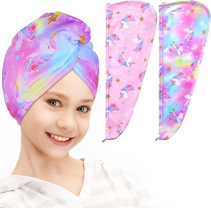 FIOBEE Microfiber Hair Towel Wrap for Kids Rapid Drying Turbans for Wet Hair with Button Women & Girls Long, Curly Hair Pack of 2, Pink