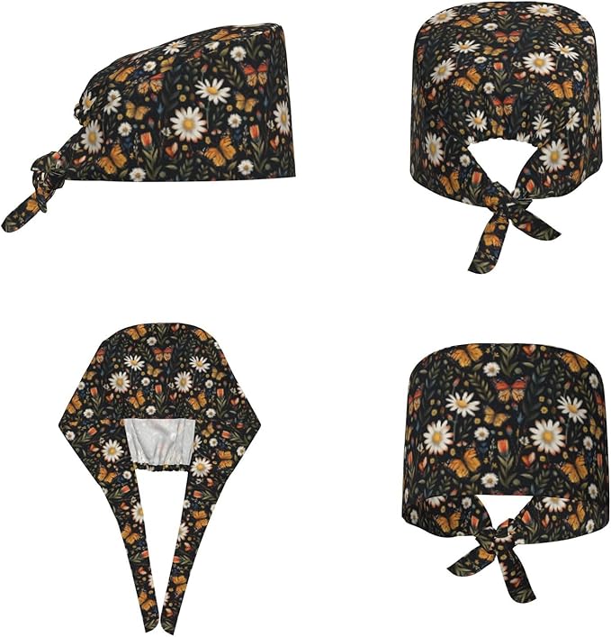 Scrub Cap for Women and Men Boho Black Leaf Pattern Adjustable Breathable Sweatband Hat for Work Kitchen Spa Shower Daily Use