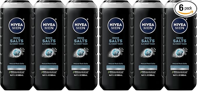 NIVEA MEN Deep Clean Rock Salts Body Wash with Scrub Particles and Natural Rock Salt,Exfoliating Body Wash for Men,Cleanses Without Drying Skin,16.9 Fl Oz Bottle,(Pack of 6)