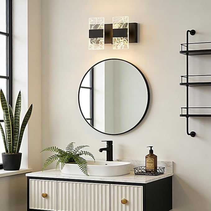 Modern LED Bathroom Light Fixtures Dimmable 2-Light Black Vanity Light, 5CCT Adjustable Lighting Fixture Vanity Lights Over Mirror, Smoked Acrylic LED Vanity Lights for Bathroom