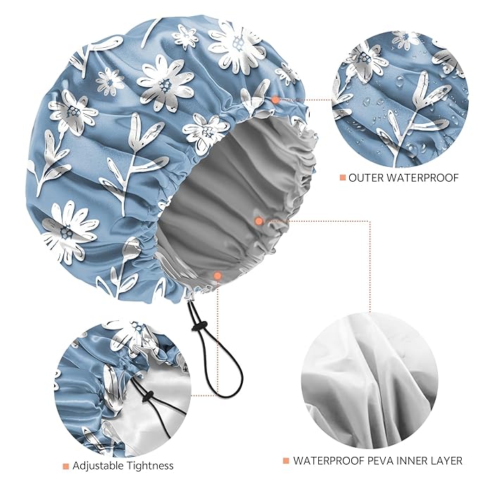Shower Cap Reusable Double Layer Adjustable Elastic Waterproof EVA Hair Bath Caps for Women Girls Cute Aesthetic-White Flower