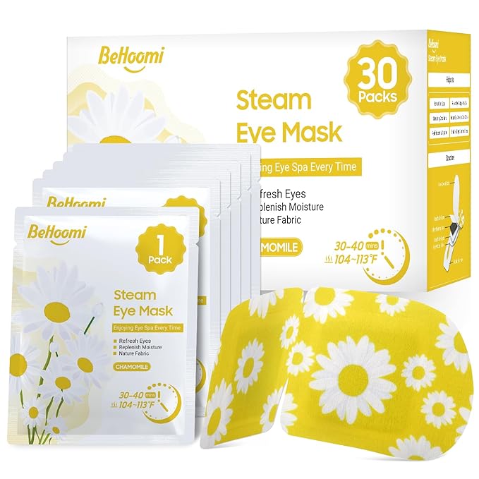 BeHoomi 30Packs Steam Eye Mask, Heated Eye Mask Warm Compress for Eyes, Self Heating Disposable Steam Mask for Home Sleep, Spa, Travel Essentials & Relaxation Gifts, Mothers Day Gifts (Chamomile)