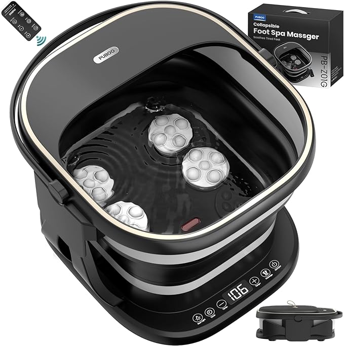 Puboo Collapsible Foot Spa Bath Massager with Heat, 95-115°F Precise Temp Control, Motorized Massage Rollers, Heated Foot Bath Soak Tub, Fits Foot Length Up to 11 in / 28 cm, Gift for Mother's Day