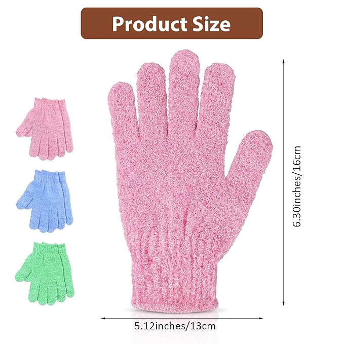 6 Pairs Exfoliating Gloves for Shower, Body Scrubber Mitts in Blue, Pink, Green, Korean Exfoliating Mitt for Smooth Skin
