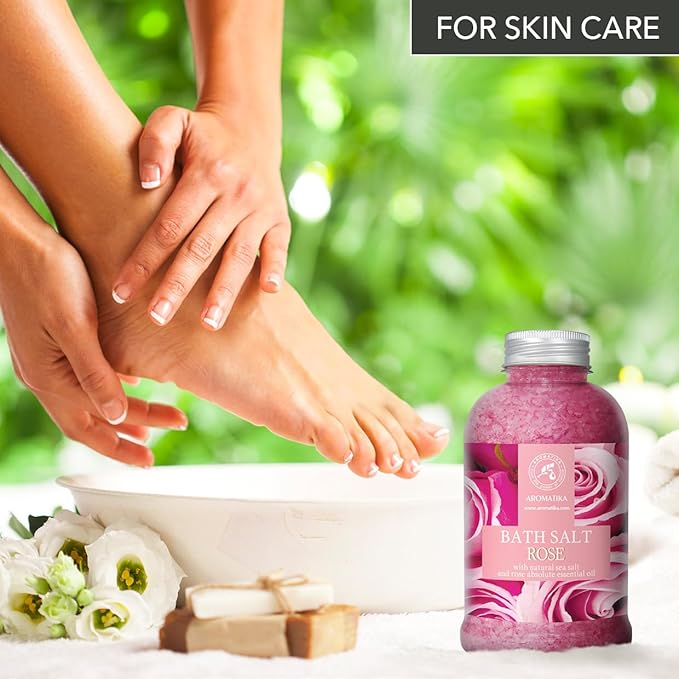 Rose Bath Salts 21.16 Oz - Natural Rosewood Oil & Rose Extract - Best for Relaxing - Good Sleep - Beauty - Bathing - Body Care - Wellness - Relax - Aromatherapy - Spa - De-Stress Bath Salts 600g