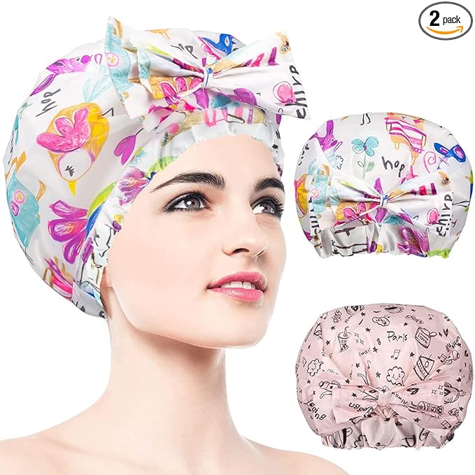 2 PCS Shower Caps, Reusable & Extra Large & Adjustable & Double Layer Waterproof Bow Knot Hair Reusable Cap for Women, Waterproof Outer & EVA Lining, for Shower, Spa, Makeup