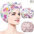 2 PCS Shower Caps, Reusable & Extra Large & Adjustable & Double Layer Waterproof Bow Knot Hair Reusable Cap for Women, Waterproof Outer & EVA Lining, for Shower, Spa, Makeup