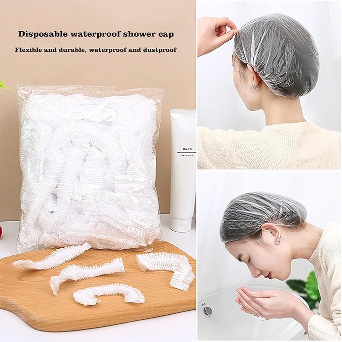 100 PCS Disposable Shower Caps Thickened Waterproof Hair Bath Caps for Women Men Girls Travel Spa Hotel Home Use Salon - Multi-Purpose Elastic Plastic Clear Shower Caps, Essentials Accessories(20.5")