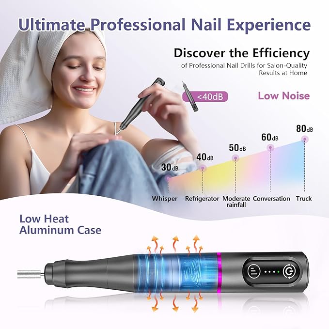 TUOBEO Cordless Nail Drill Electric Rechargeable File Kit, Professional Efile Acrylic Gel Nail Polish Remover Pedicure Manicure Machine Portable Set with 11 Bits 56 Sanding Bands for Salon Home Gray