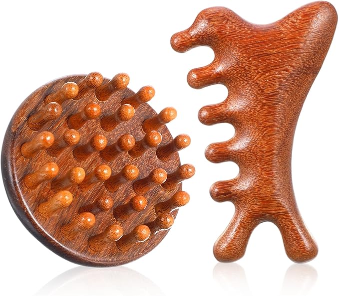 SynHHergyx Wooden Scalp Massager Comb, 2 Pcs Sandalwood Scalp Massager Hair Growth Portable Manual Head Massage Tool Handheld Gua Sha Tool for Woman Men Wet Dry Hair Relaxation Body Head Scalps Care