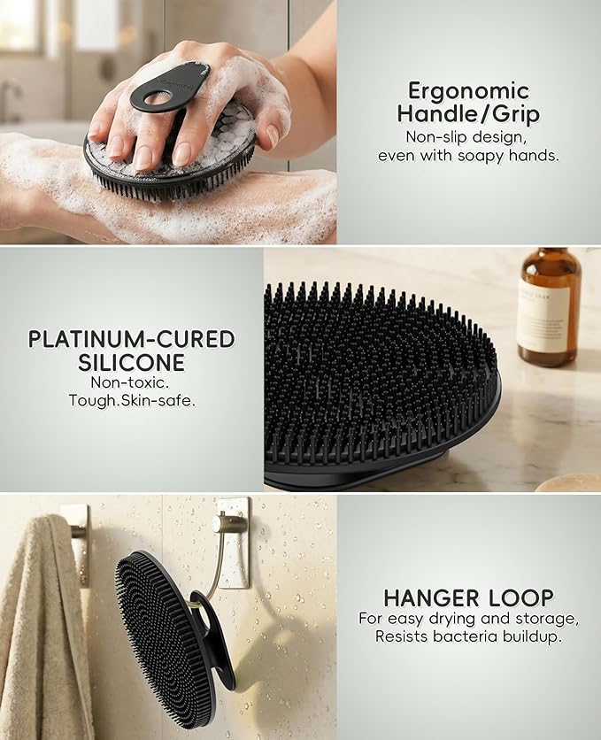 Soft Silicone Shower Brush Body Wash Bath Exfoliating Skin Massage Scrubber, Dry Skin Brushing Glove Loofah, Fit for Sensitive and All Kinds of Skin(Mint+Black)