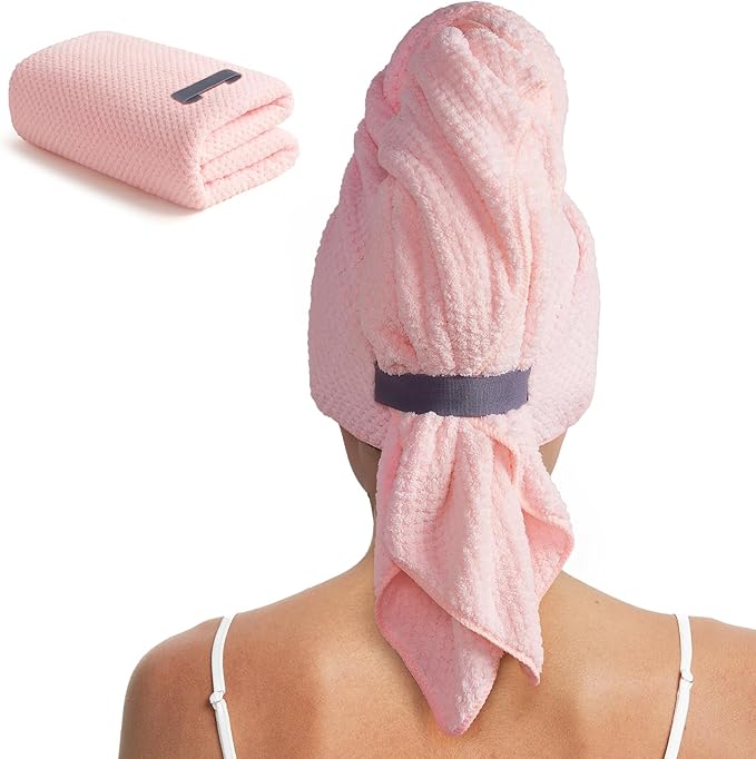 MABAO Microfiber Hair Towel Wrap for Women, Quick Dry Hair Turban Towel with Elastic Band, Microfiber Plopping Towel for Curly Hair, Stocking Stuffers for Women (Pink)