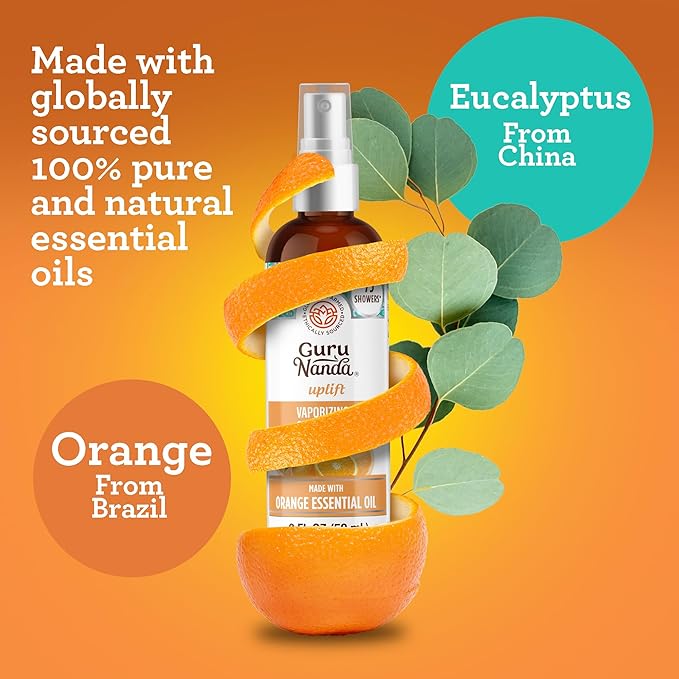 GuruNanda Uplift Vaporizing Shower Spray - 100% Natural Spa Mist with Orange & Eucalyptus to help with Mood Enhancement & Aid in Congestion (2 Fl Oz)