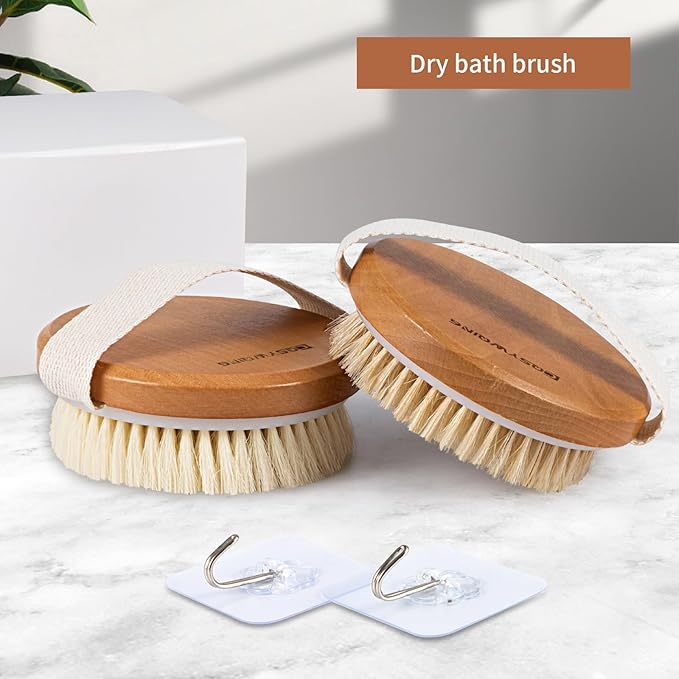 2-in-1 Wood Body Brushes - Wet & Dry Shower Brush, Soft & Stiff Bristles, Cellulite & Lymphatic Massage, Suitable for All Skin Types