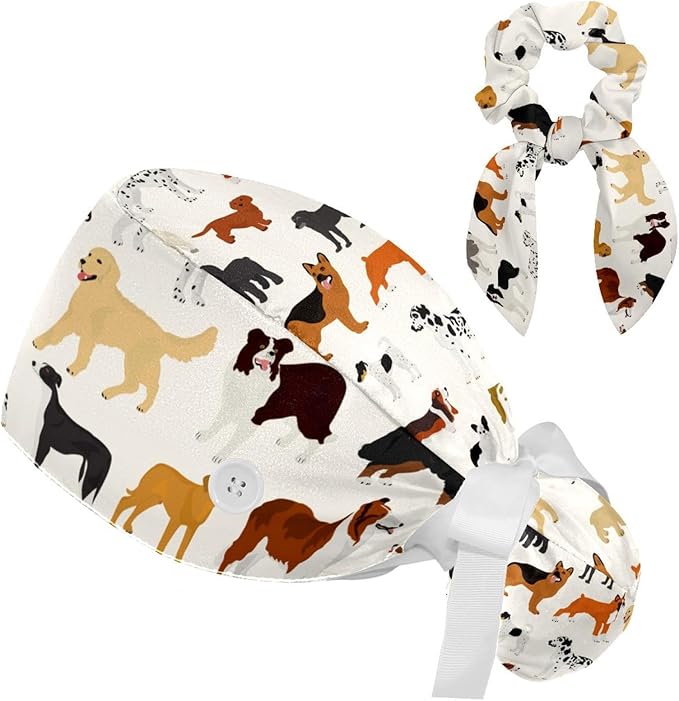 Ethnic Aztec Pattern Adjustable Scrub Cap Hat with Button, Working Hat Sweatband with Bow Hair Scrunchy for Woman