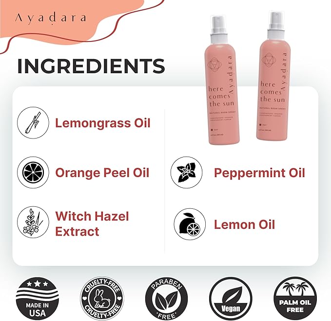 Ayadara Natural Room Spray, 4 oz, Aromatherapy for Room, Fragrance Spray and Home/Linen Deodorizer Mist, All Natural Spray Air Freshener with Lemongrass and Peppermint Oil, 1000 Sprays