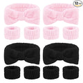 CIEHER 12 PCS Black & Pink Makeup Headband for Women Wrist Washband Scrunchies Cuffs for Washing Face, Soft Bow Hair Band Matching Wristbands