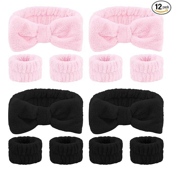 CIEHER 12 PCS Black & Pink Makeup Headband for Women Wrist Washband Scrunchies Cuffs for Washing Face, Soft Bow Hair Band Matching Wristbands