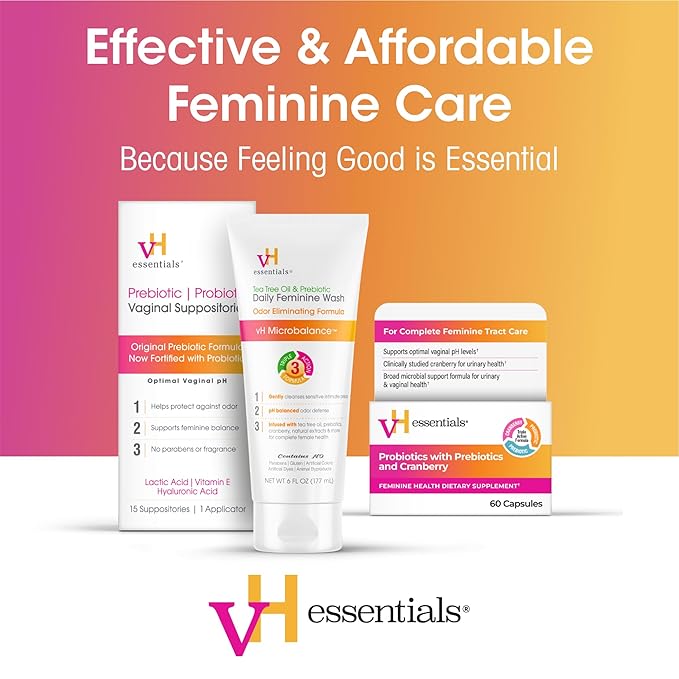 vH Essentials Daily Feminine Wash - 10 Fl Oz - Odor Eliminating Vaginal Wash with Tea Tree Oil, Prebiotics and Cranberry, gentle cleanser + pH balancing