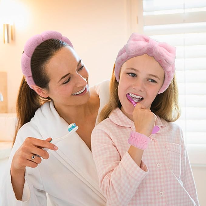 Pink Spa Headband and Wristband Set with Bow for Washing Face, Skincare, Makeup - Sponge Cloud Headband for Women Girls