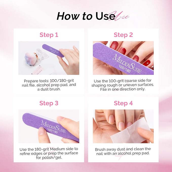 MelodySusie Nail File Kit, 7Pcs Double Sided 100/180 Grit Mixed-Shape Emery Boards for Nails, Professional Manicure Pedicure Supplies for Home and Salon Use, Mothers Day Gifts, Pink & Purple