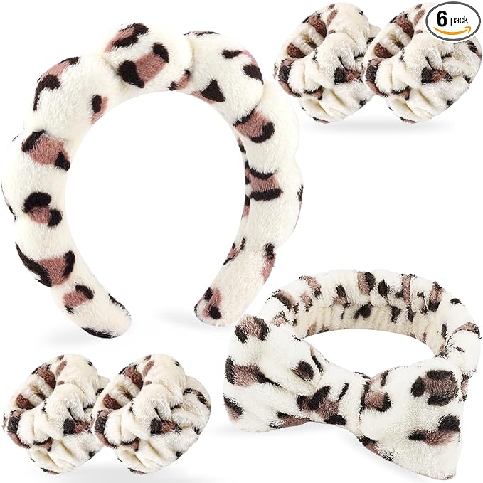 Zkptops 6Pcs Spa Headband for Washing Face Wristbands Set Women Bubble Makeup Sponge Plush Padded Puffy Skincare Headband Bow Tie Hairband Cute Non Slip Thick Hair Accessory Gifts(Beige Leopard)