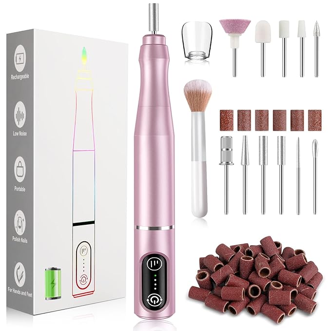 TUOBEO Cordless Nail Drill Electric Rechargeable File Kit, Professional Efile Acrylic Gel Nail Polish Remover Pedicure Manicure Machine Portable Set with 11 Bits 56 Sanding Bands for Salon Home Pink