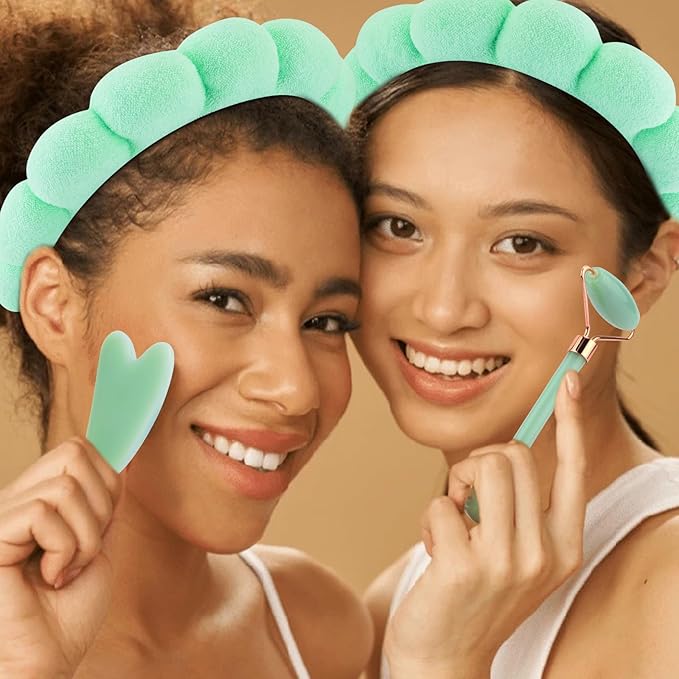 Chanaco Spa Headband and Wristbands for Women Skincare Headband for Washing Face Gua Sha & Jade Roller Facial Tools Green Makeup Fash Wash Hairband Teen Girl Gifts Trendy Stuff