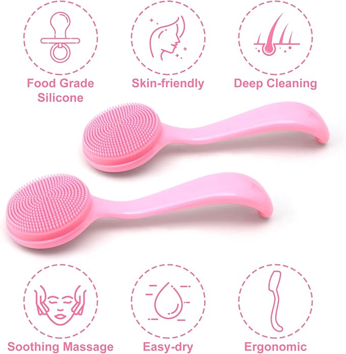 HINZIC 2 Pack Silicone Manual Facial Cleansing Brush, Skin Friendly Waterproof Face Cleaning Scrubber Exfoliator Cleanser for Blackheads Whiteheads Makeup Residues Removal- Pink