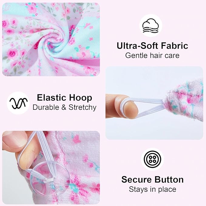2 Pack Microfiber Hair Towel Wrap for Girls, Quick Dry Hair Turban for Kids, Absorbent Frizz-Free Hair Drying Towel with Button for Long Thick Curly Hair, Pink Flowers