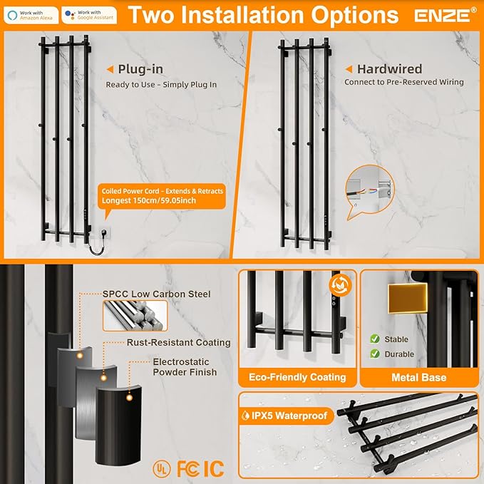 ENZE Smart Heated Towel Rack, Wall Mounted Electric Towel Warmer 300W for Bathroom, WiFi App Control & LED Touch Screen, Adjustable Temp & 24H Timer, Vertical Model, IPX5, Plug-in/Hardwired, Black