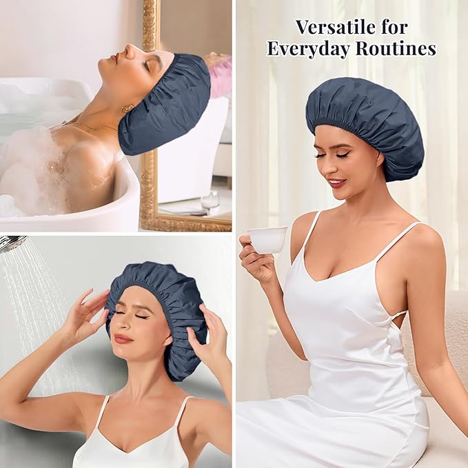 Shower Cap for Women Waterproof Reusable, Large Shower Cap Non-Slip with Elastic Band, Washable Bath Hair Hat for Long Hair, Braids (Navy Blue)