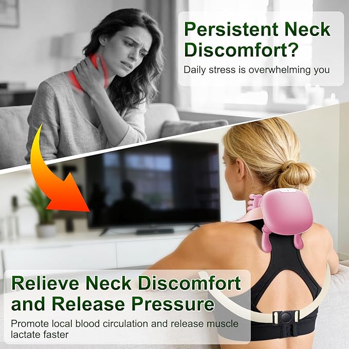 Nooydio Neck Massager, Neck and Back Massager with Heat & 4D Kneading, Shiatsu Deep Tissue Wireless Massager for Shoulder Cervical Pain Relief, Portable Rechargeable for Home Office (Pink)
